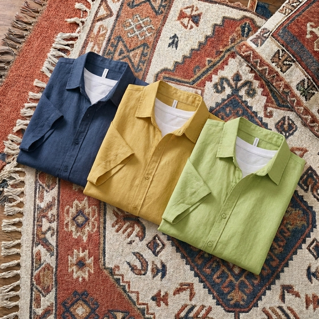 Men’s two-piece casual set featuring a short-sleeve button-down shirt and matching drawstring shorts in a breathable cotton-linen blend.