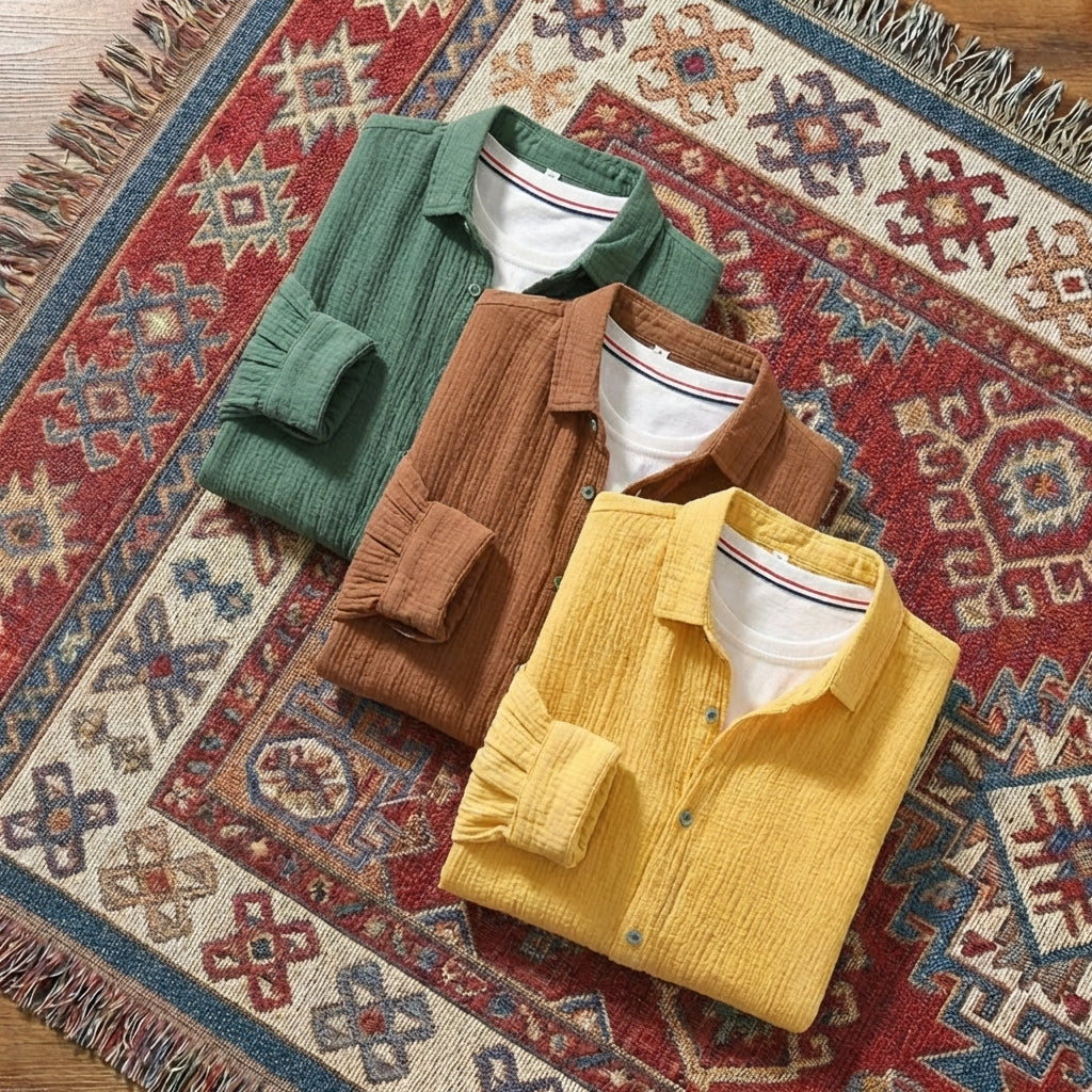 Men’s solid long-sleeve shirt in a breathable cotton-linen blend, featuring a classic button-down collar and relaxed fit.