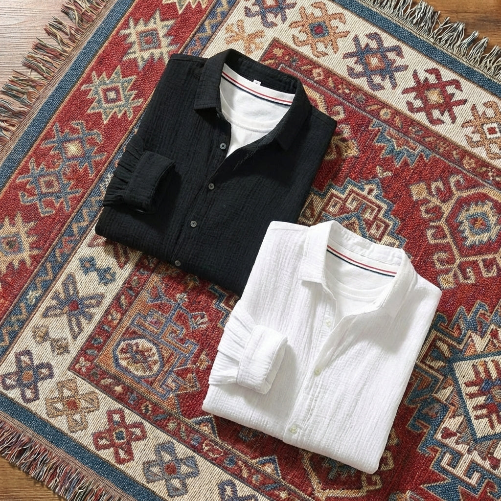 Men’s solid long-sleeve shirt in a breathable cotton-linen blend, featuring a classic button-down collar and relaxed fit.