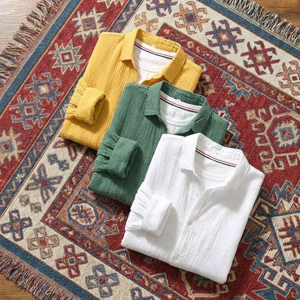 Men’s solid long-sleeve shirt in a breathable cotton-linen blend, featuring a classic button-down collar and relaxed fit.