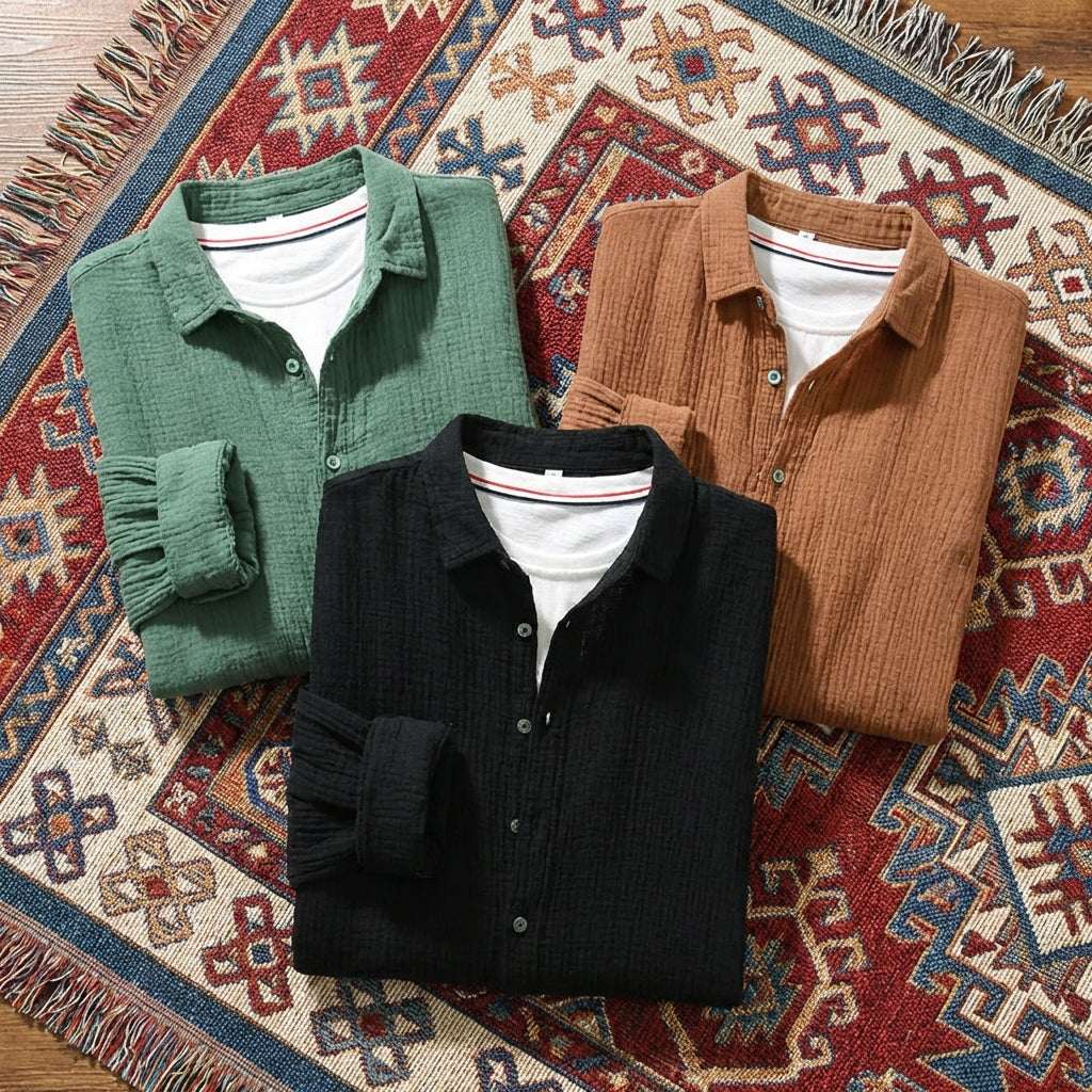 Men’s solid long-sleeve shirt in a breathable cotton-linen blend, featuring a classic button-down collar and relaxed fit.