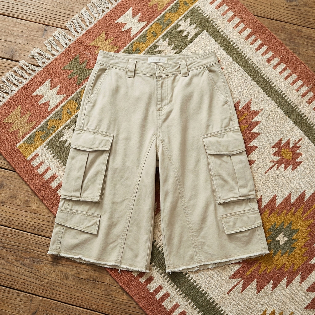 Multi-pocket cotton work shorts with retro fringe detail, breathable utility design, and relaxed fit for comfortable everyday wear.