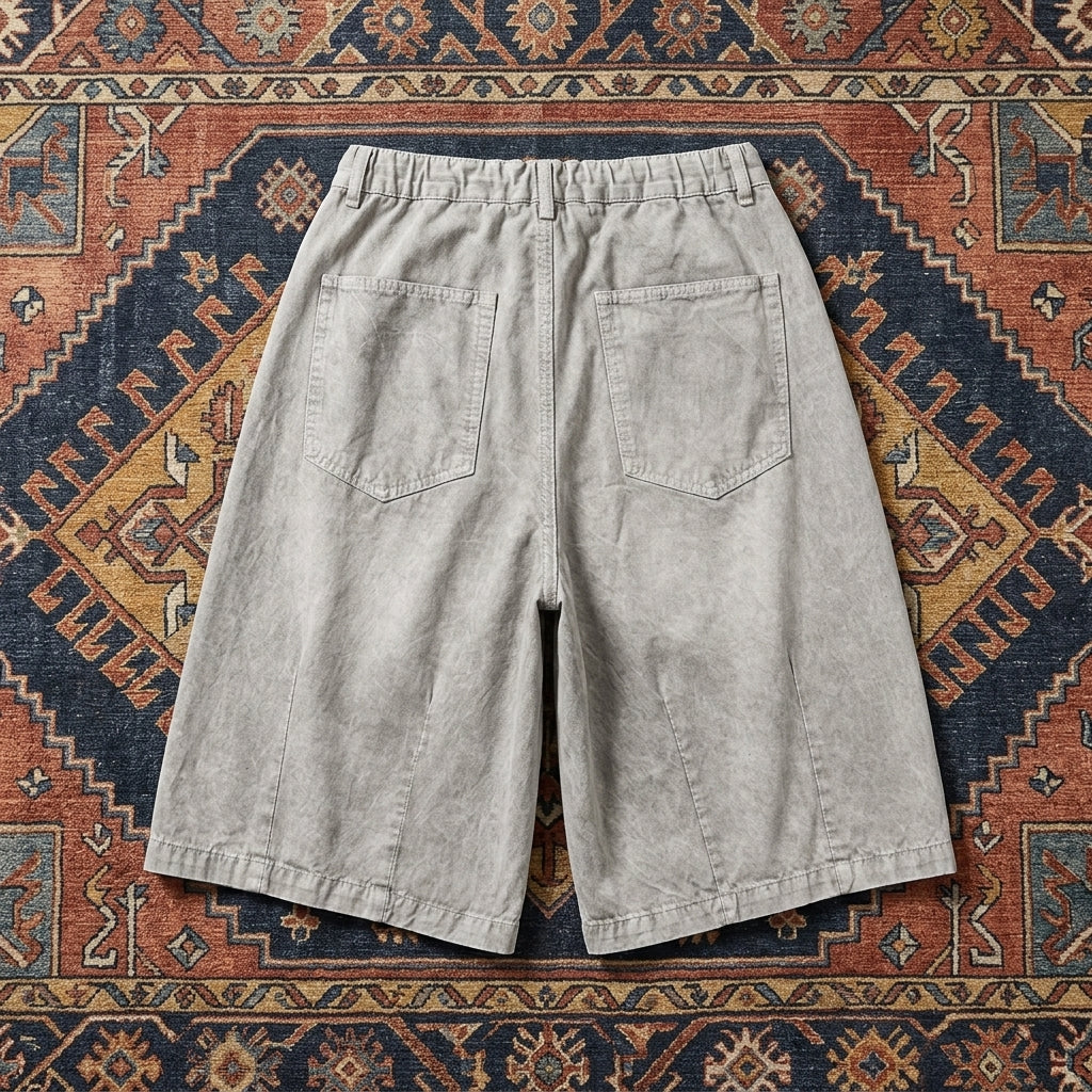 Rear view of Men’s Wide Leg Cotton Shorts showing the relaxed fit and functional back pocket design.