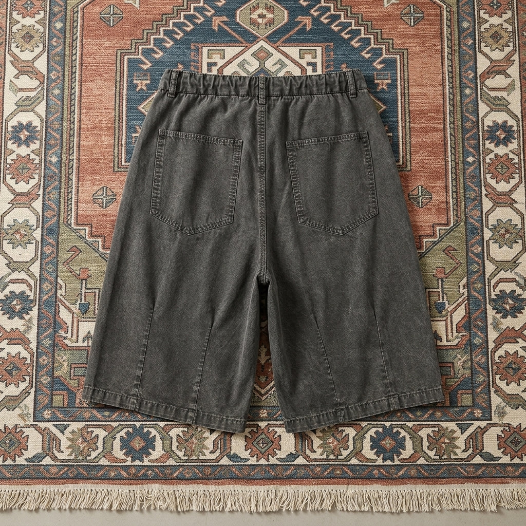 Rear view of Men’s Wide Leg Cotton Shorts showing the relaxed fit and functional back pocket design.
