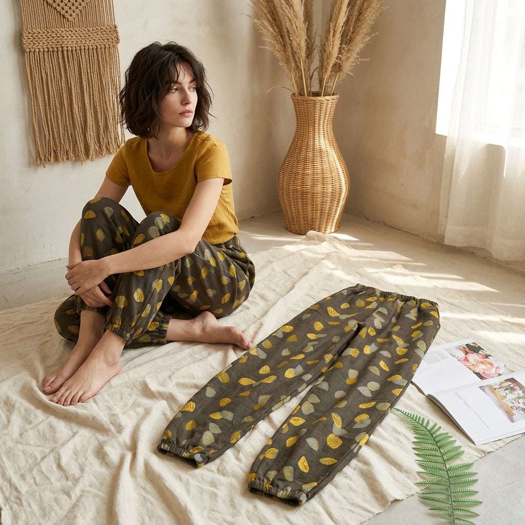 Patterned pants on a white background with a magazine and leaf decoration.
