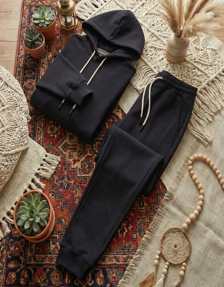 Unisex oversized tracksuit cotton fleece, featuring a drop-shoulder hoodie and matching wide-leg joggers with a thick, premium texture.