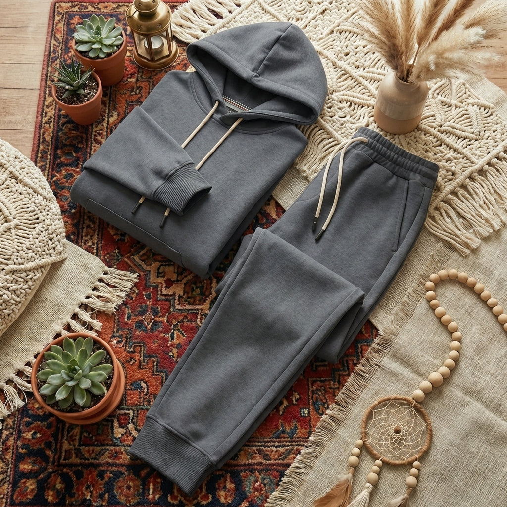 Unisex oversized tracksuit cotton fleece, featuring a drop-shoulder hoodie and matching wide-leg joggers with a thick, premium texture.