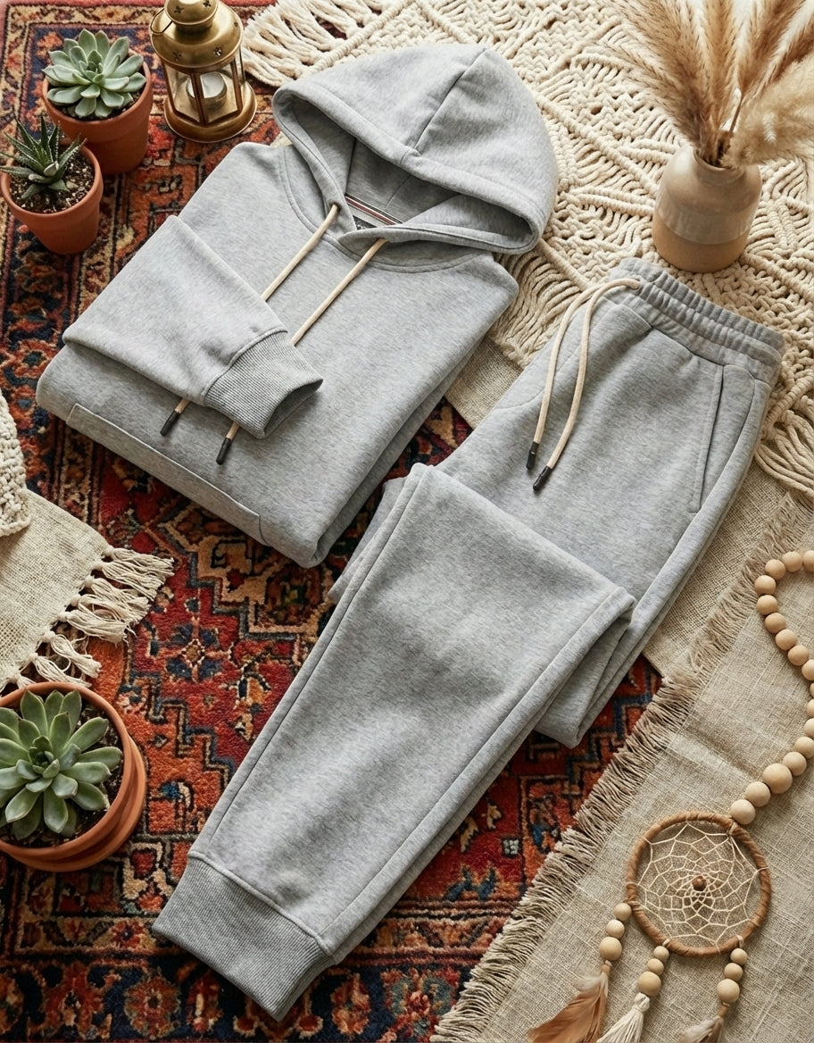 Unisex oversized tracksuit cotton fleece, featuring a drop-shoulder hoodie and matching wide-leg joggers with a thick, premium texture.