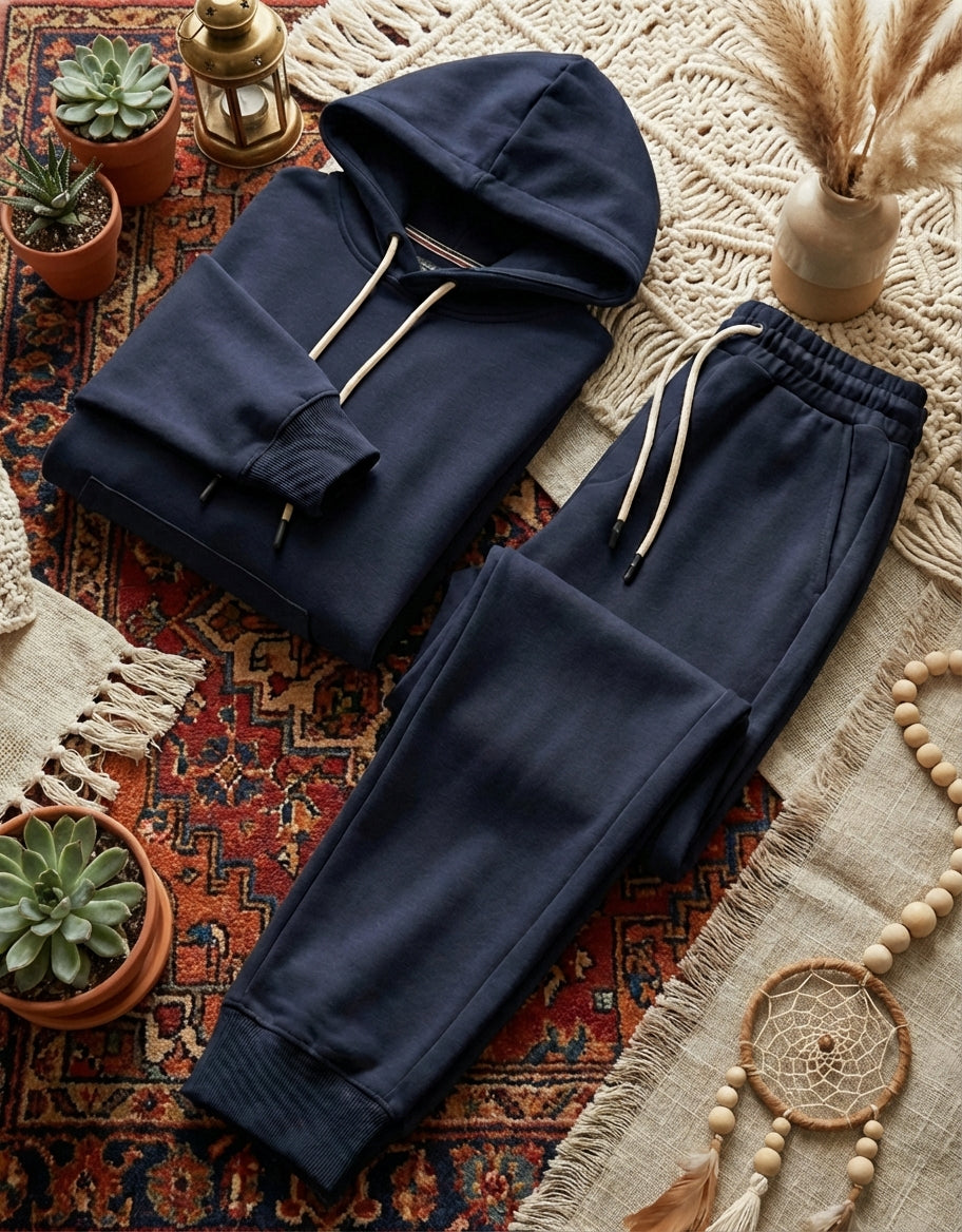 Unisex oversized tracksuit cotton fleece, featuring a drop-shoulder hoodie and matching wide-leg joggers with a thick, premium texture.