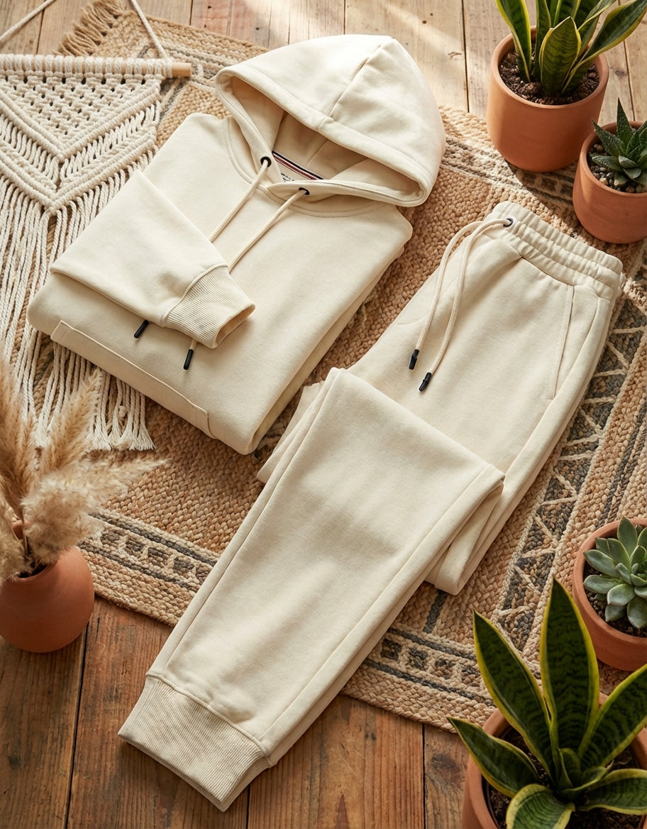 Unisex oversized tracksuit cotton fleece, featuring a drop-shoulder hoodie and matching wide-leg joggers with a thick, premium texture.