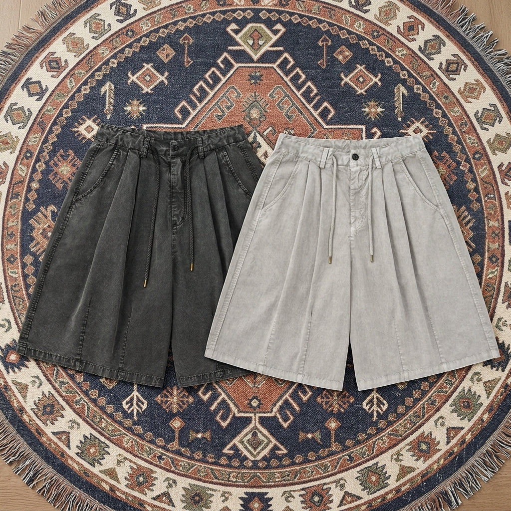 Front view of Men’s Wide Leg Cotton Shorts showing the adjustable drawstring waistband and wide leg silhouette.