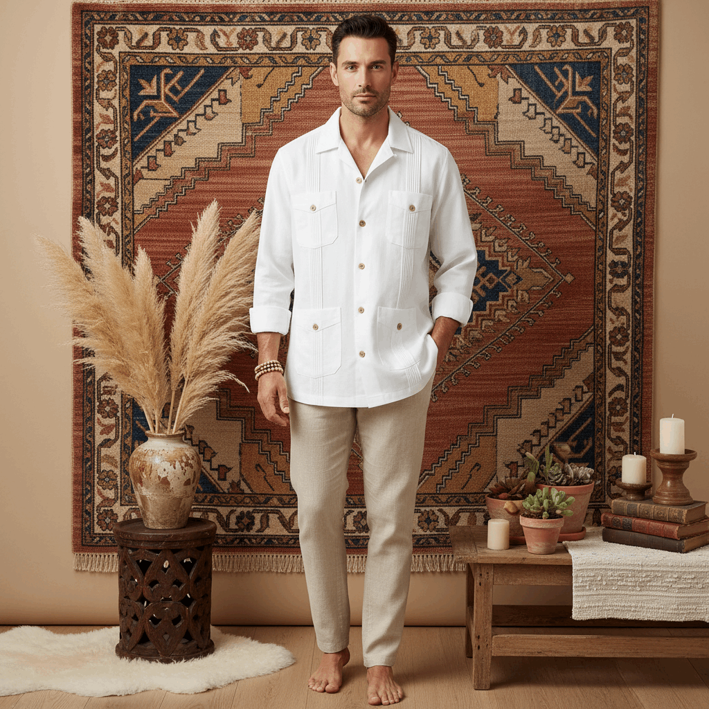 Men’s White Cotton Buttoned Pocket Shirt in a breathable long sleeve design for sensitive skin.