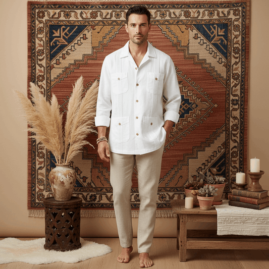 Men’s White Cotton Buttoned Pocket Shirt in a breathable long sleeve design for sensitive skin.