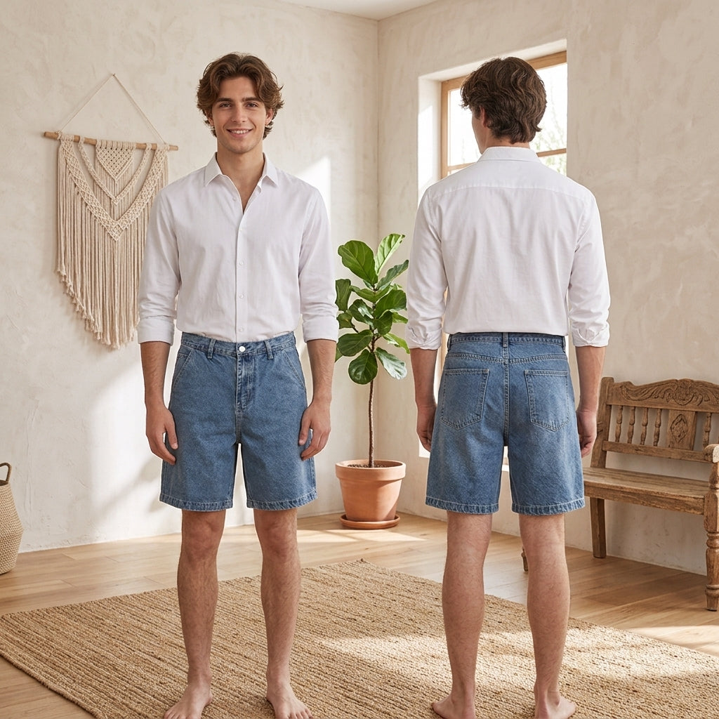 Men's Simple Loose Fit Mid-Rise Light Blue Cotton Denim Shorts