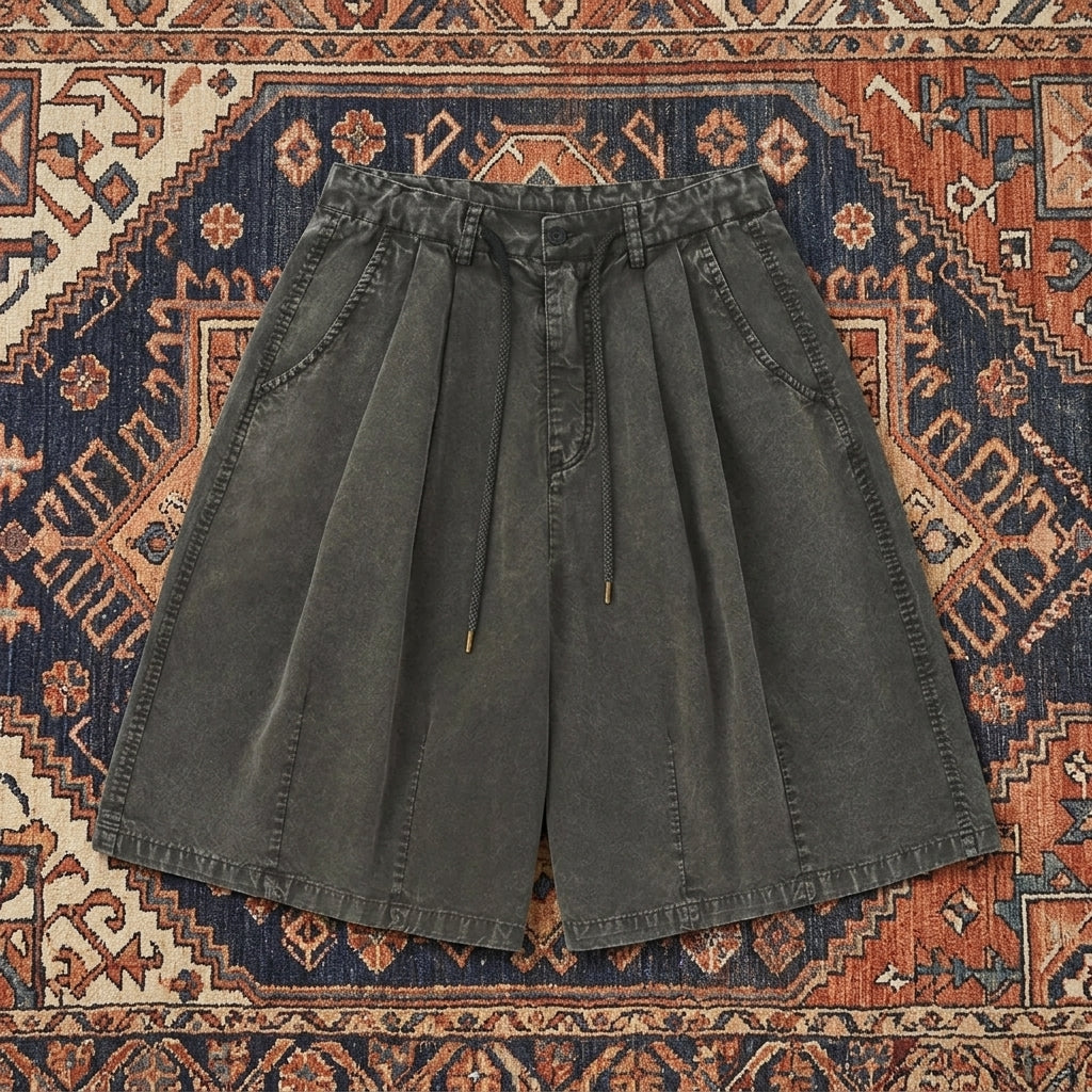 Front view of Men’s Wide Leg Cotton Shorts showing the adjustable drawstring waistband and wide leg silhouette.