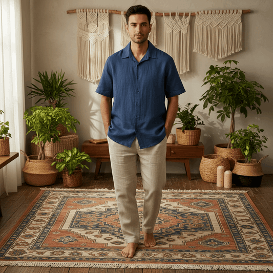 Men’s Casual Cotton Linen Short Sleeve Shirt