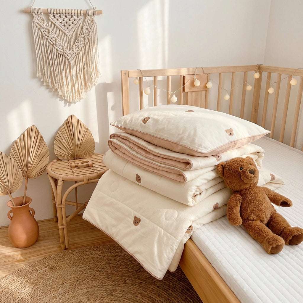 Lightweight children’s summer quilt made of soft washed cotton, featuring a cute repeating bear pattern and breathable quilted stitching.