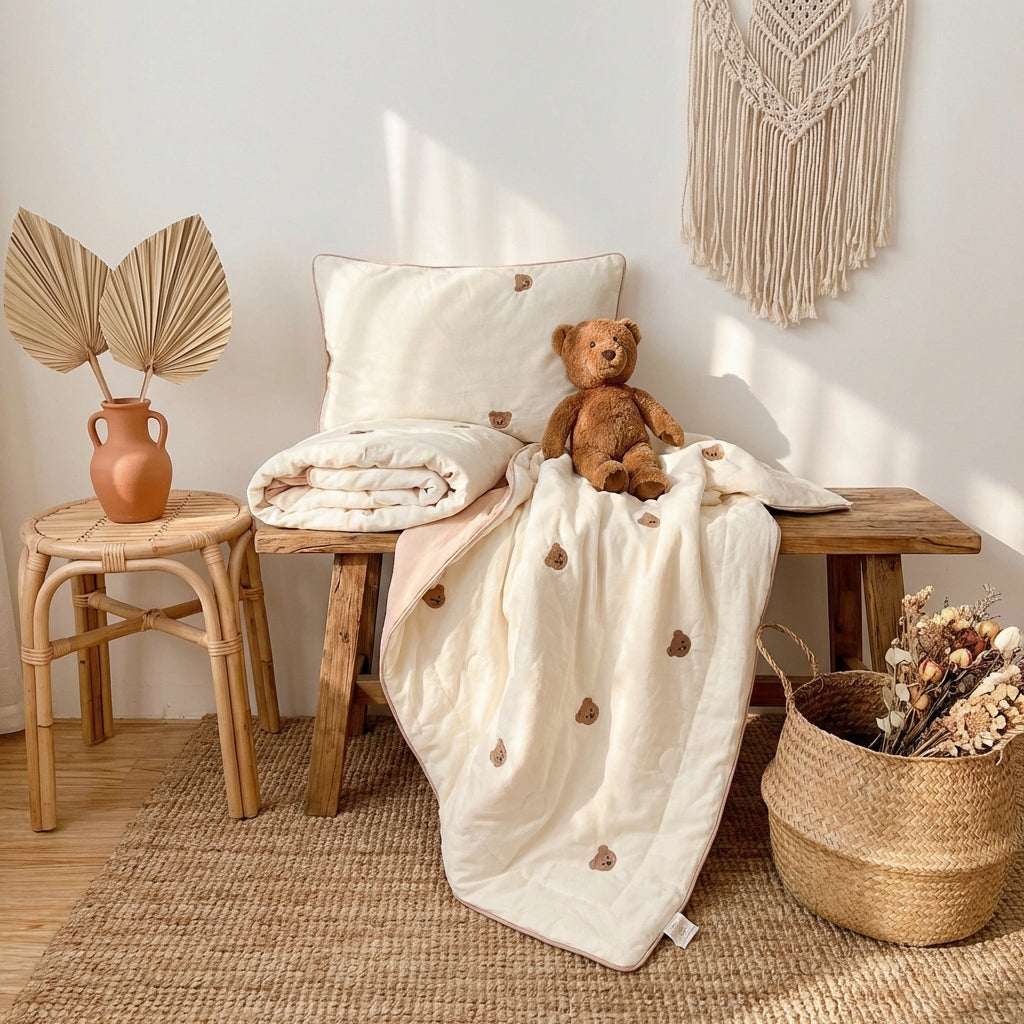 Lightweight children’s summer quilt made of soft washed cotton, featuring a cute repeating bear pattern and breathable quilted stitching.