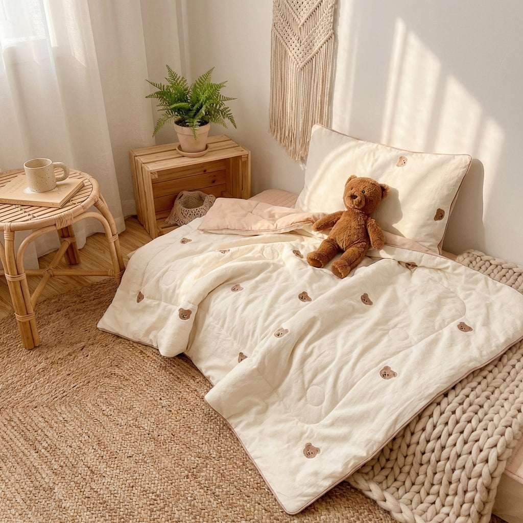 Lightweight children’s summer quilt made of soft washed cotton, featuring a cute repeating bear pattern and breathable quilted stitching.