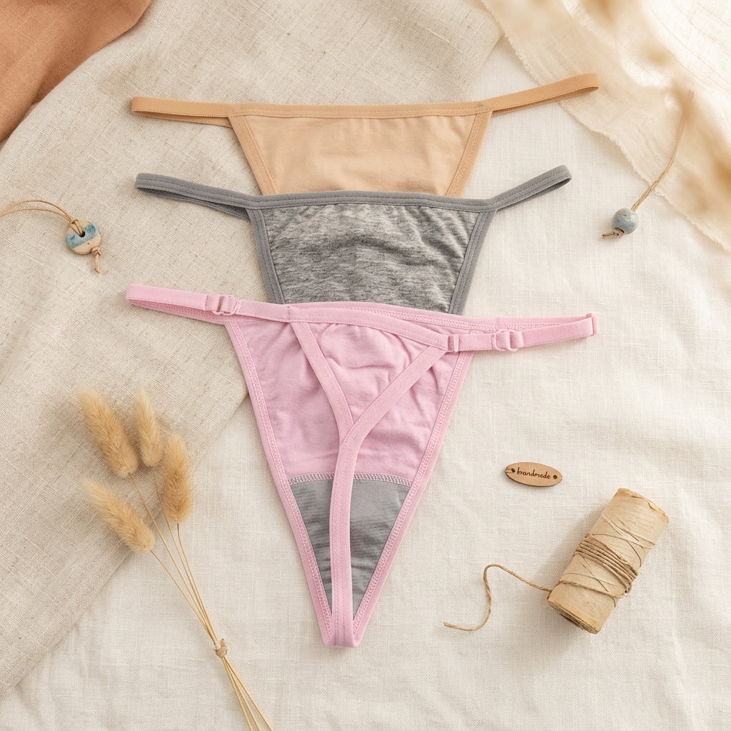 Three pairs of women's thong underwear laid flat on a gray background, stacked vertically in shades of pale yellow, heather gray, and light pink.