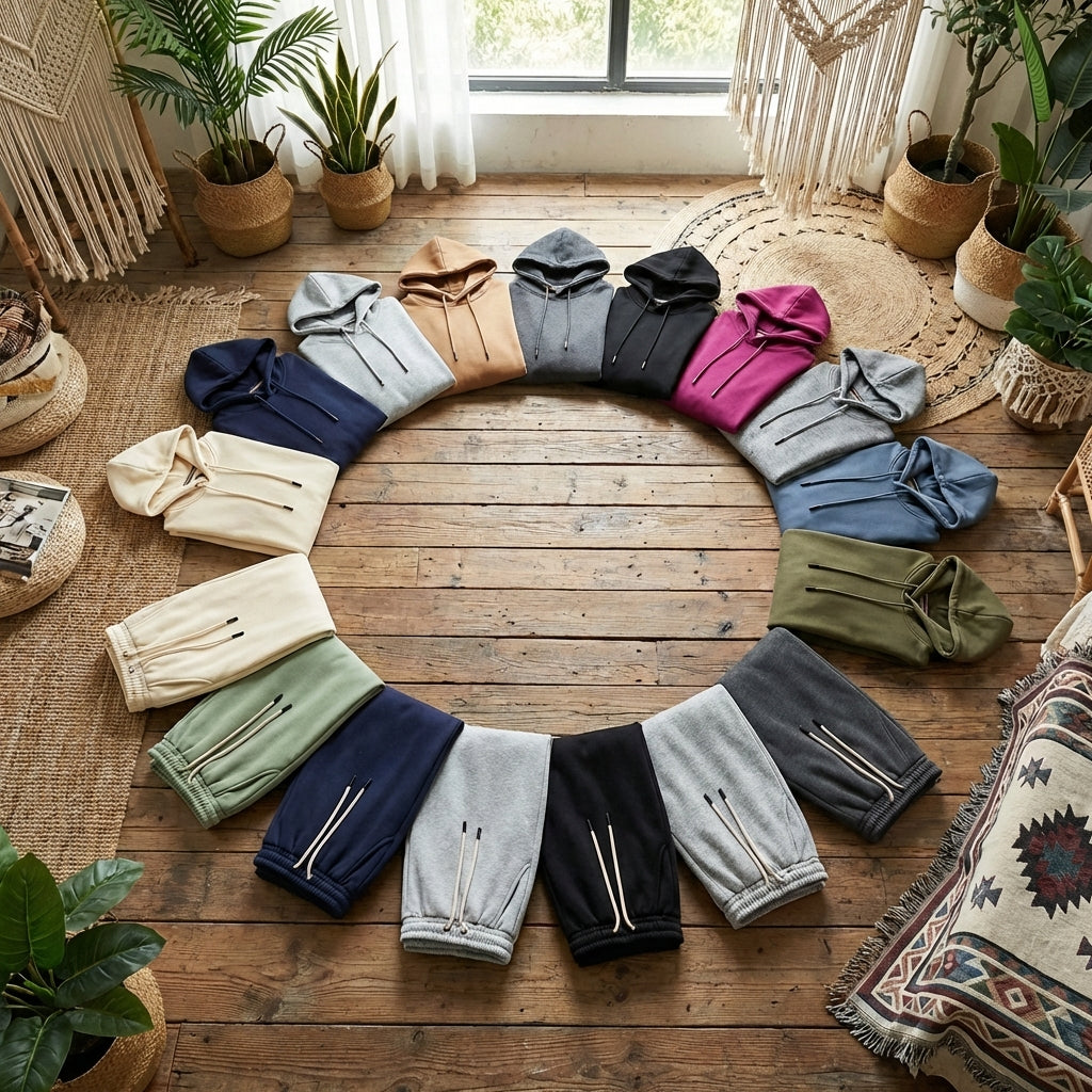 Unisex oversized tracksuit cotton fleece, featuring a drop-shoulder hoodie and matching wide-leg joggers with a thick, premium texture.