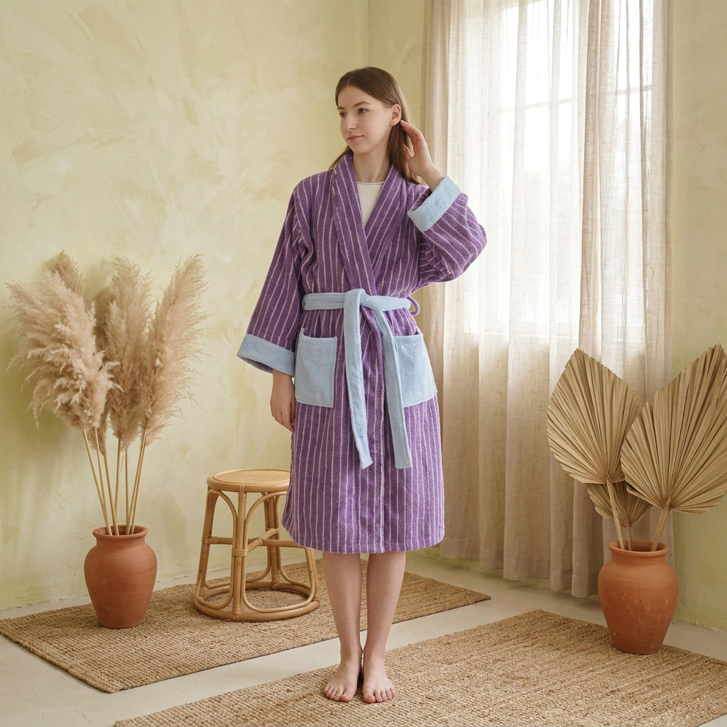 Ultra Soft Dopamine Stripe 100% Organic Long Staple Cotton Bathrobe