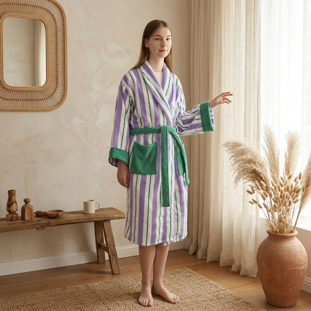 Ultra Soft Whimsical Retro Stripe Bathrobe 100% Organic Long stapled Cotton