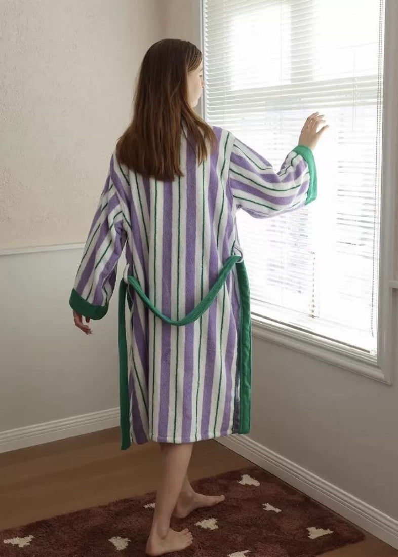 Ultra Soft Whimsical Retro Stripe Bathrobe 100% Organic Long stapled Cotton