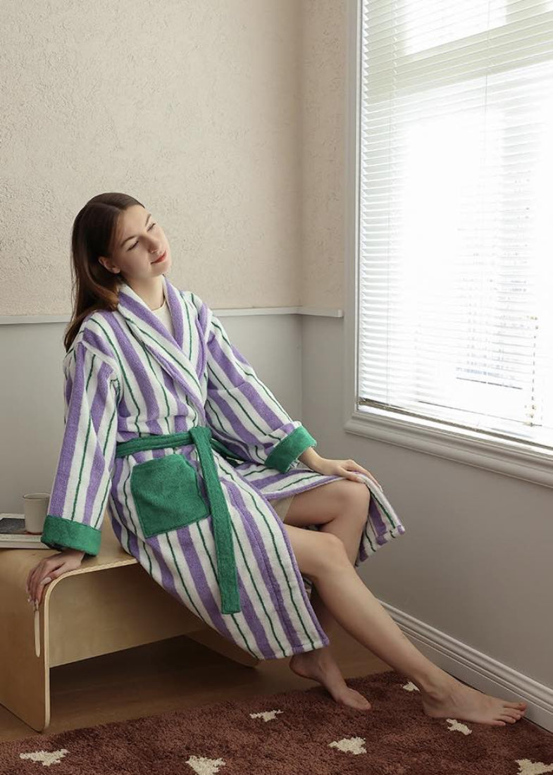 Ultra Soft Whimsical Retro Stripe Bathrobe 100% Organic Long stapled Cotton
