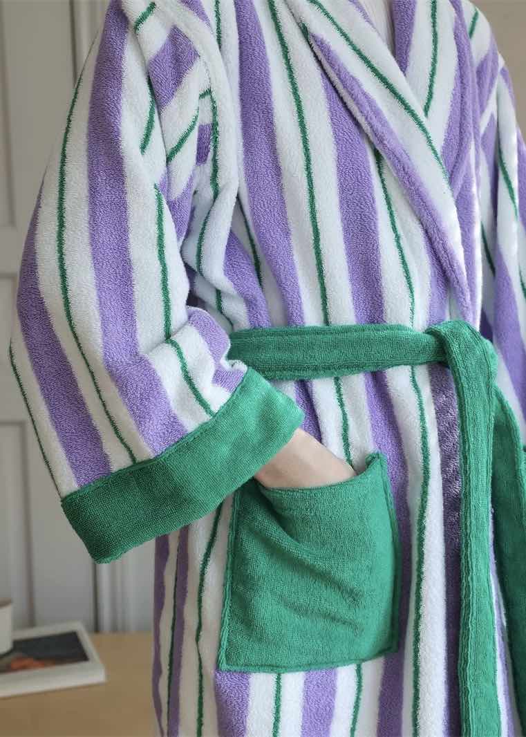 Ultra Soft Whimsical Retro Stripe Bathrobe 100% Organic Long stapled Cotton
