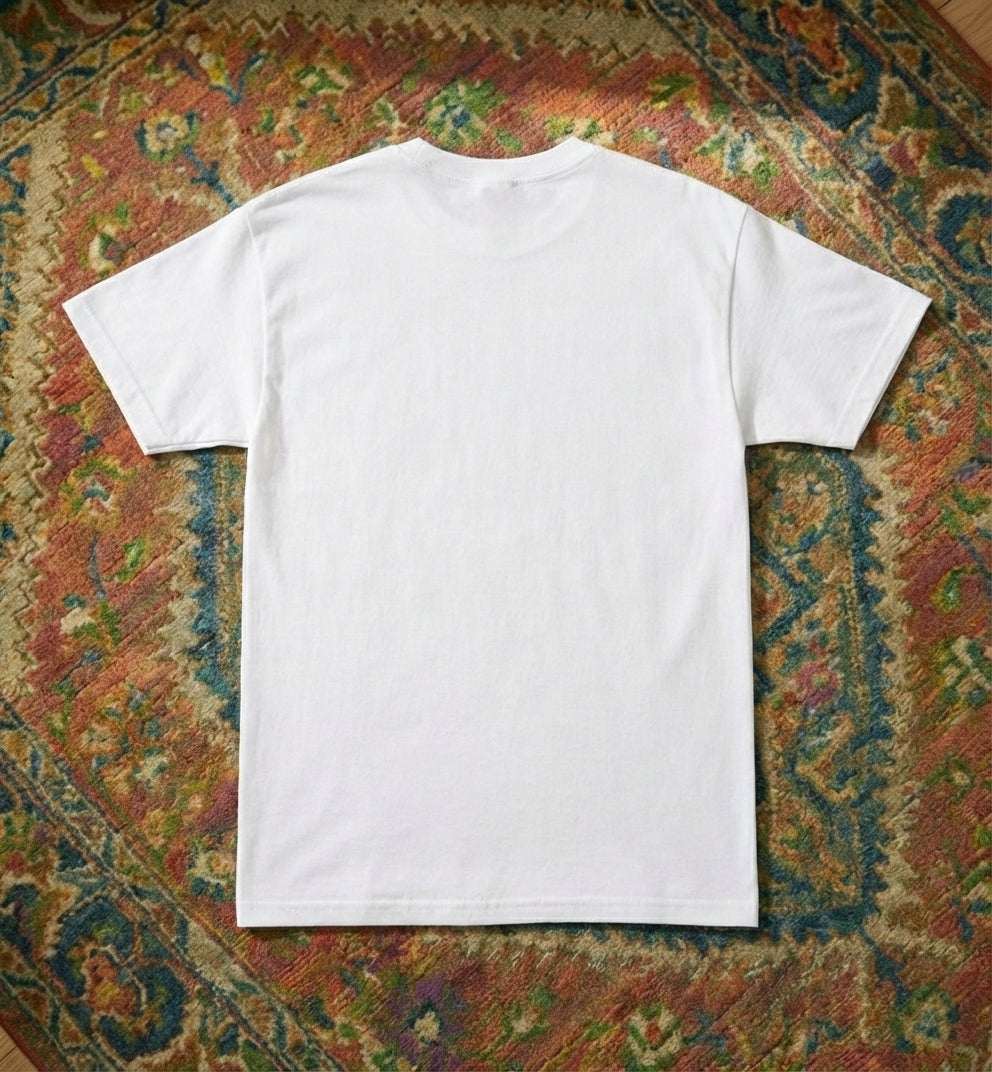 White t-shirt on a patterned rug