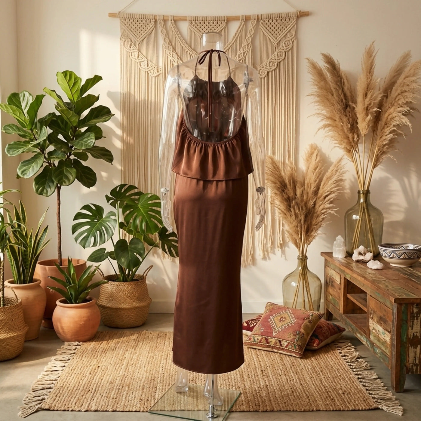 Women’s Backless Halter Neck Maxi Dress – Cotton Tie Back Summer Maxi Dress