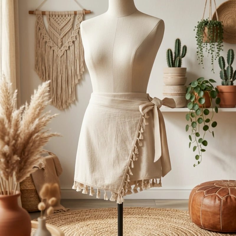 PureOnSkin Friction-Free Women’s Cotton Tassel Trim Wrap Knot Side Mini Skort for Sensitive Skin & Eczema Comfort – Beige