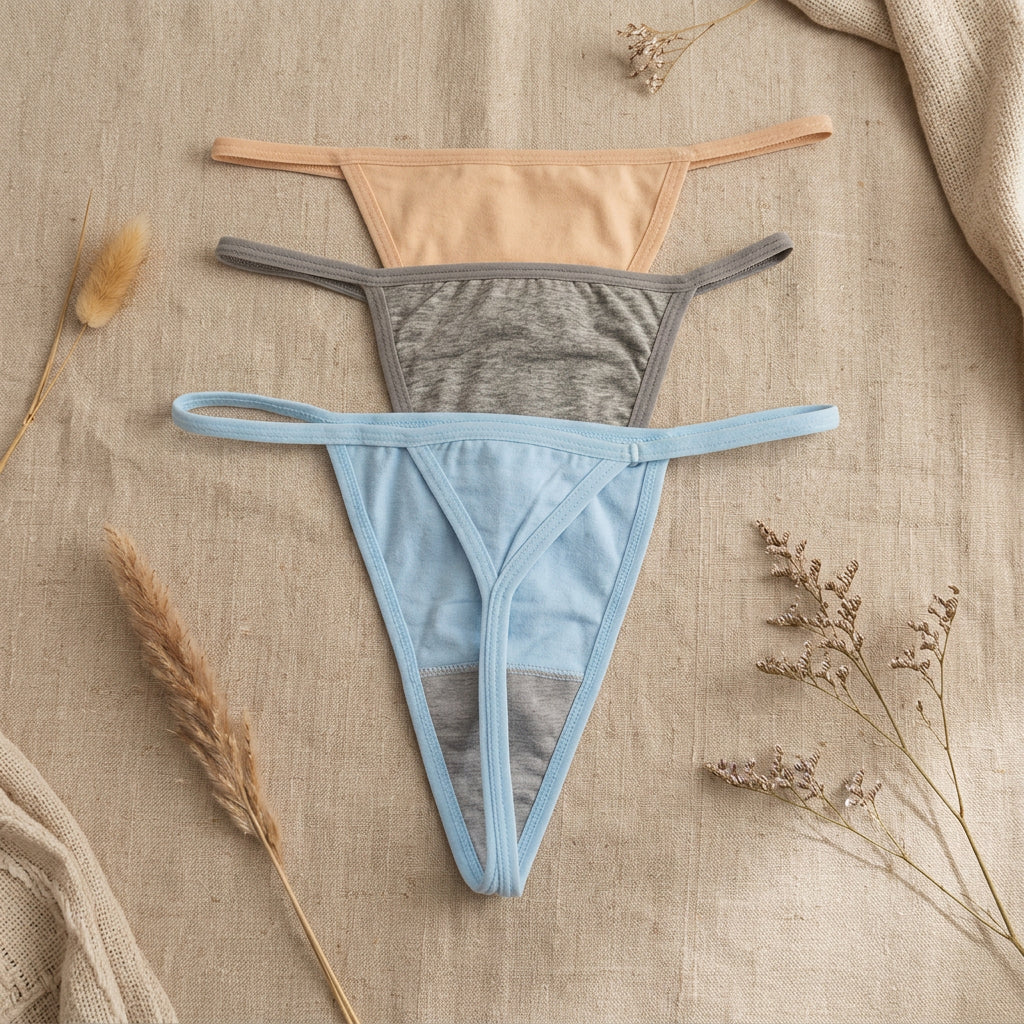 Three pairs of thong-style underwear laid flat on a gray fabric background, arranged vertically by color: peach at the top, heather gray in the middle, and light blue at the bottom. Each pair has a solid color panel with a heather gray mesh center panel.