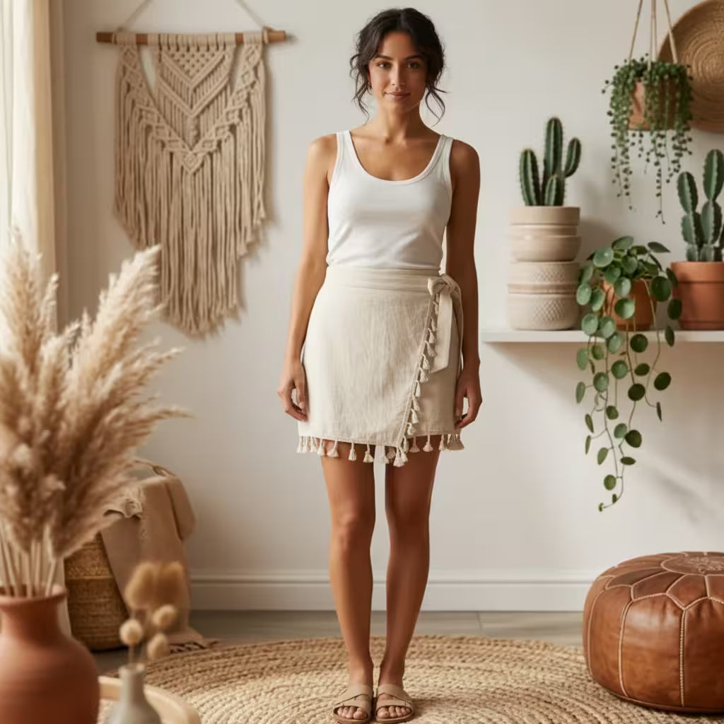 Women’s Tassel Trim Wrap Knot Side Mini Skort in breathable cotton featuring a stylish tie side design.