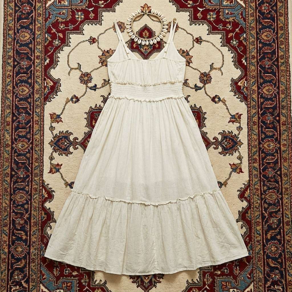 Rear view of the 100% Cotton Pearl Accented Floral Midi Dress showing the midi-length hem and flattering silhouette.