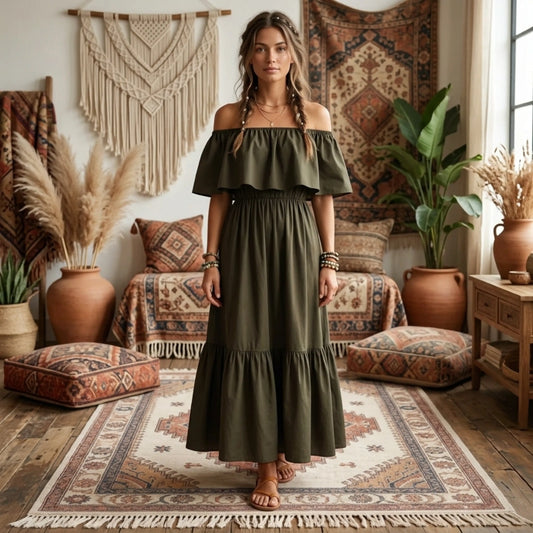 Women’s Off-Shoulder 100% Cotton Maxi Dress