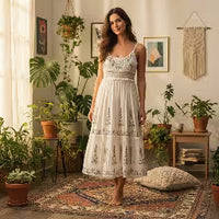 PureOnSkin Non-Irritating 100% Cotton Pearl Accented Floral Midi Dress for Sensitive Skin & Eczema Comfort