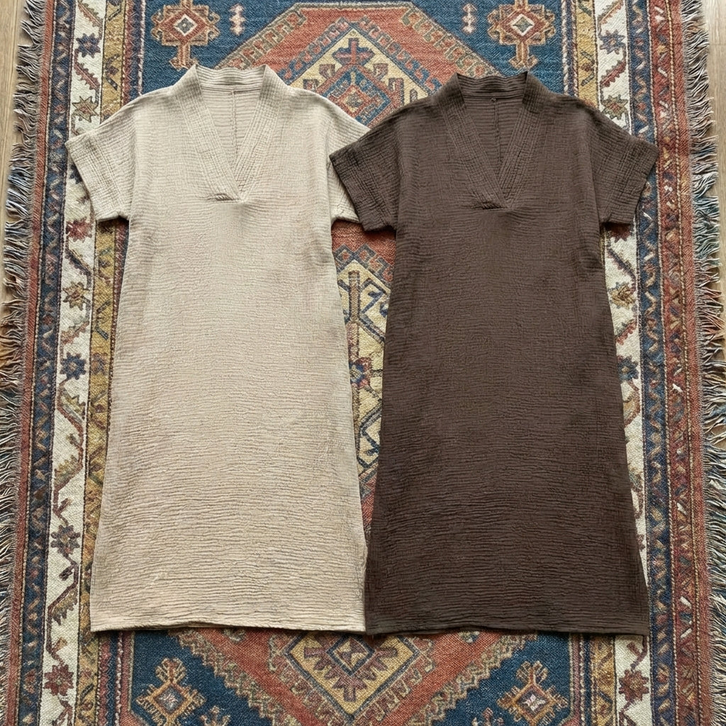 Organic cotton gauze home dress, lightweight and breathable, designed for all-day comfort and gentle on sensitive skin.