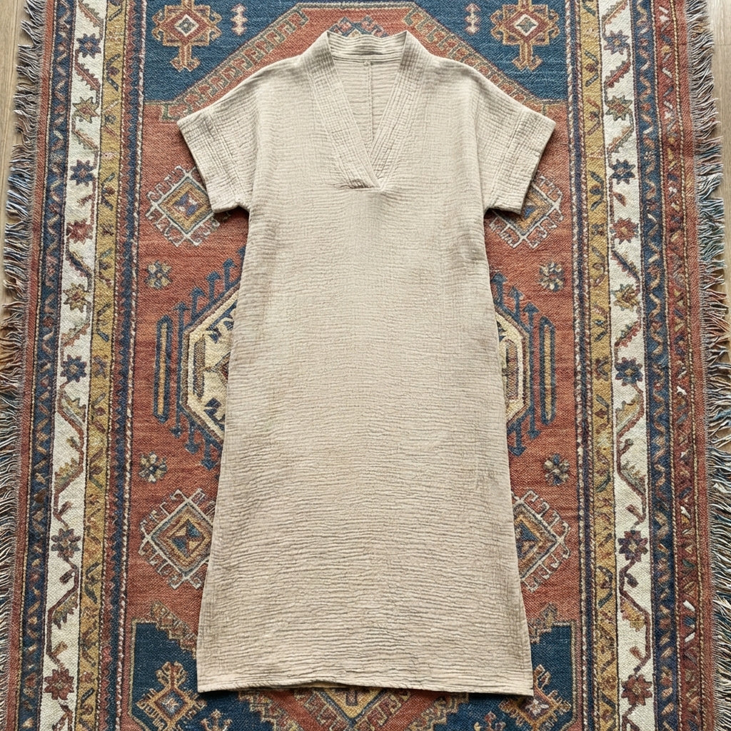 Organic cotton gauze home dress, lightweight and breathable, designed for all-day comfort and gentle on sensitive skin.