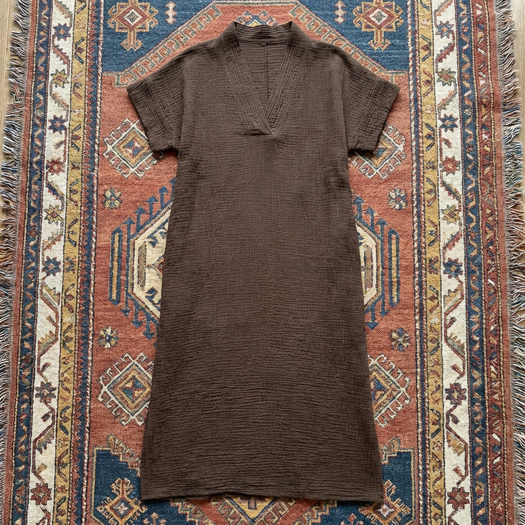 Organic cotton gauze home dress, lightweight and breathable, designed for all-day comfort and gentle on sensitive skin.